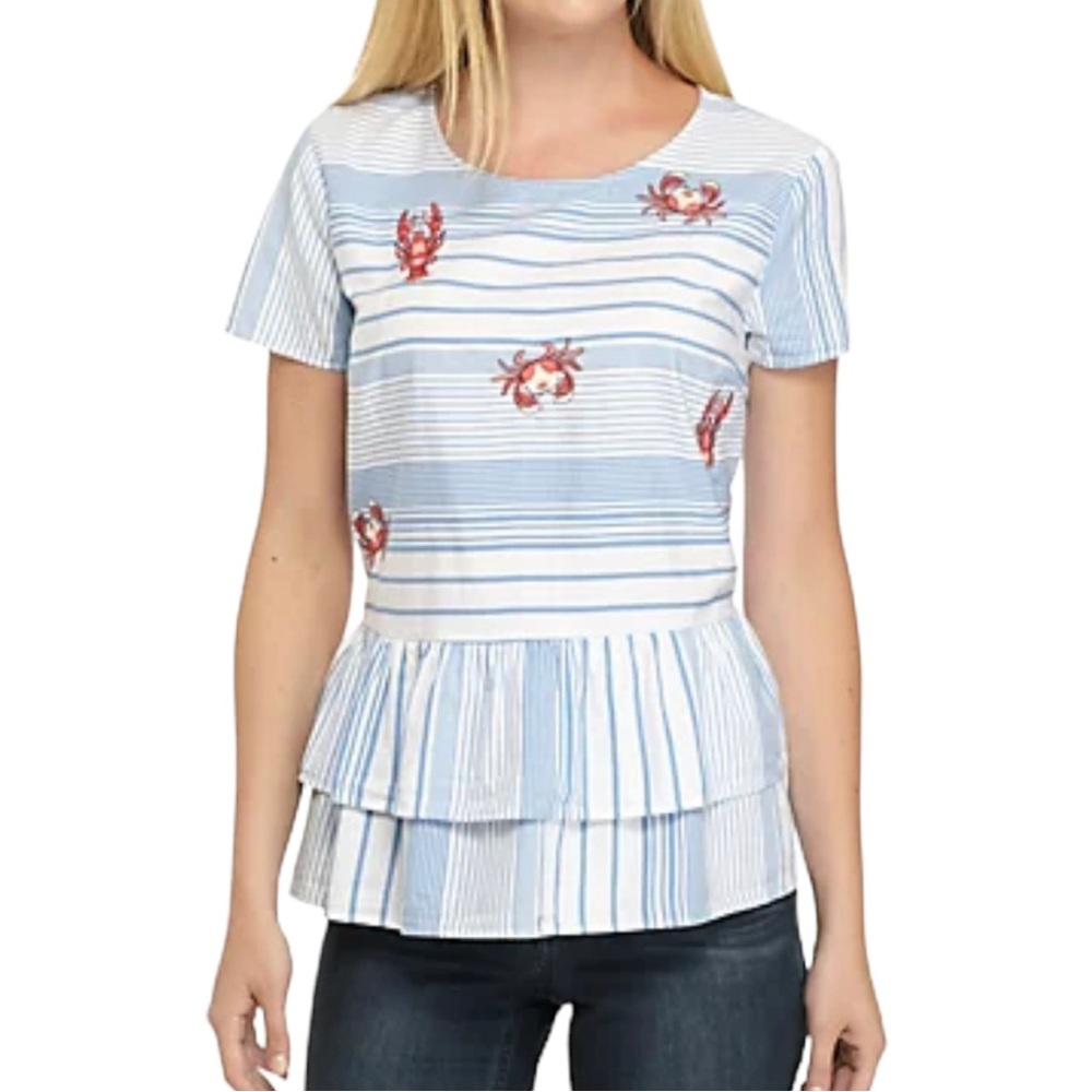 Large Crown & Ivy Montauk Weekend Short Sleeve Crab Embroidered Top